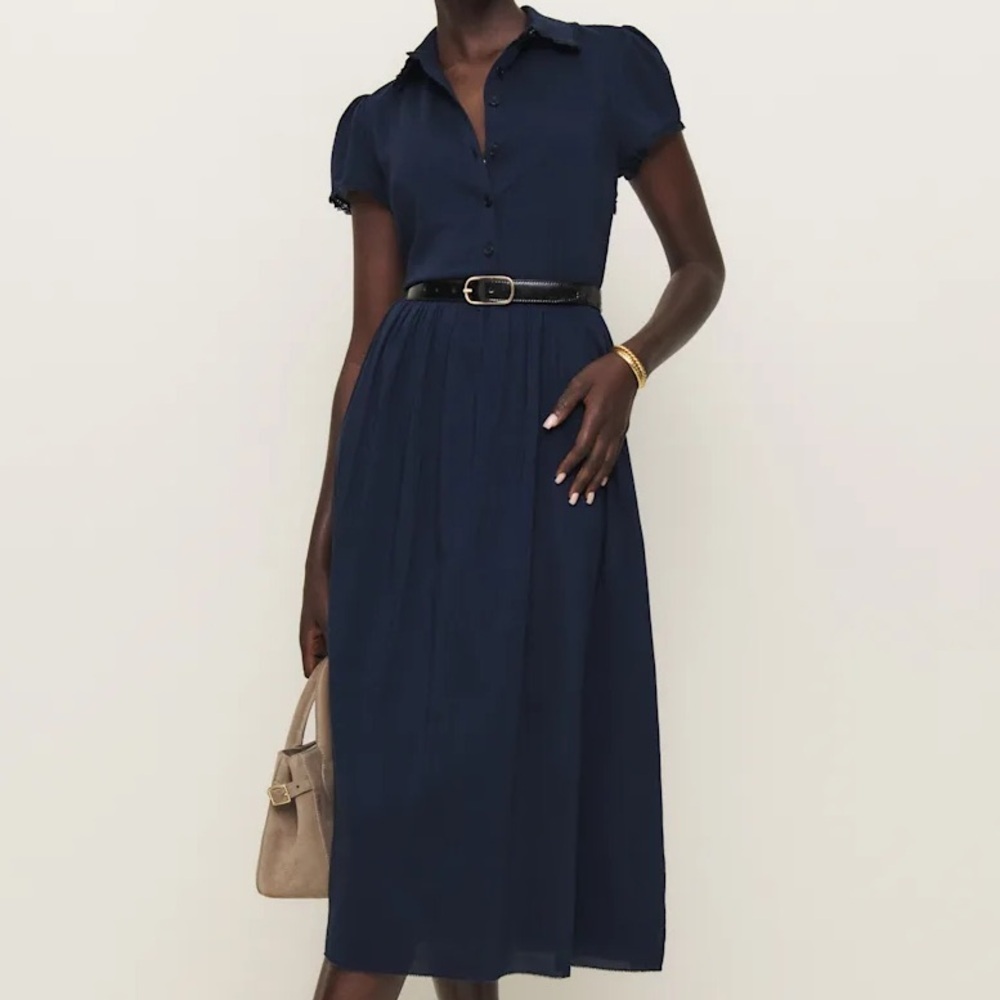 Reformation Ula Lace Trim Collar Short Sleeve Midi Maxi Shirt Dress Navy Blue